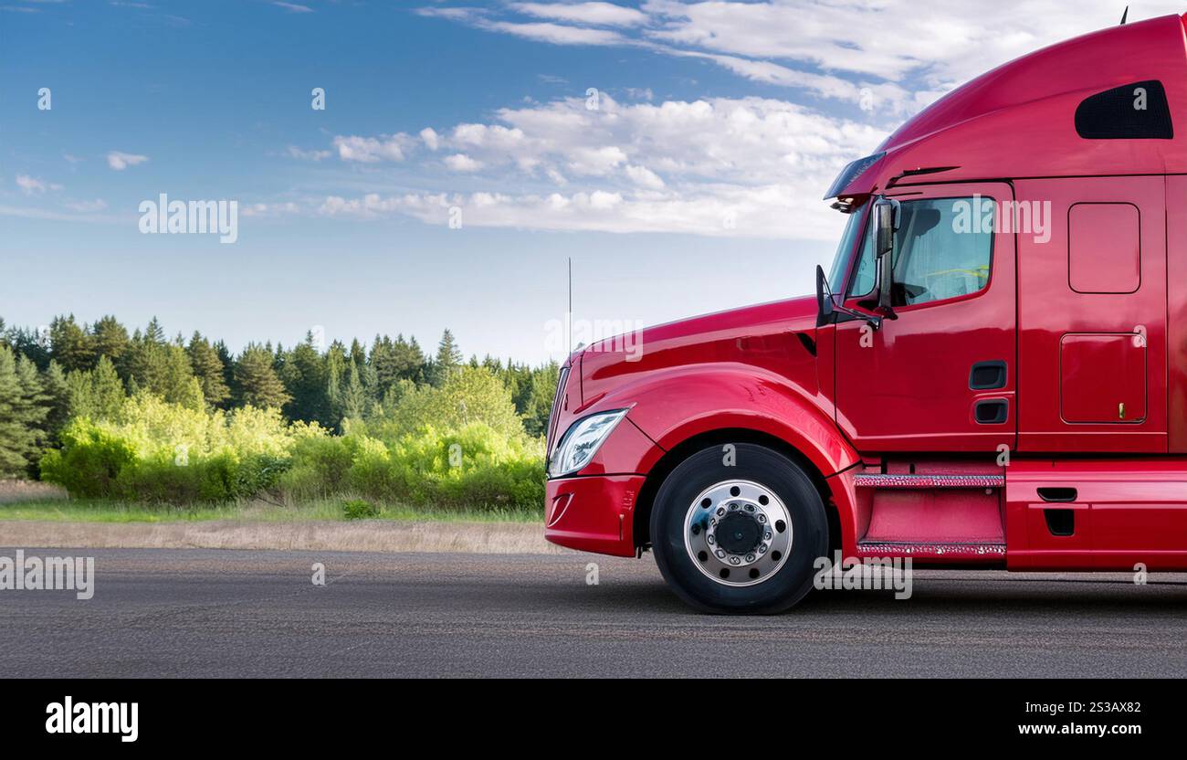 Ein roter Sattelschlepper steht am Straßenrand, ohne dass jemand in der Nähe ist. Das Fahrzeug steht mit eingeschalteter Warnblinkanlage vor einem Hintergrund eines Stockfoto Ein roter Sattelschlepper steht am Straßenrand, ohne dass jemand in der Nähe ist. Das Fahrzeug steht mit eingeschalteter Warnblinkanlage vor einem Hintergrund eines Stockfoto
