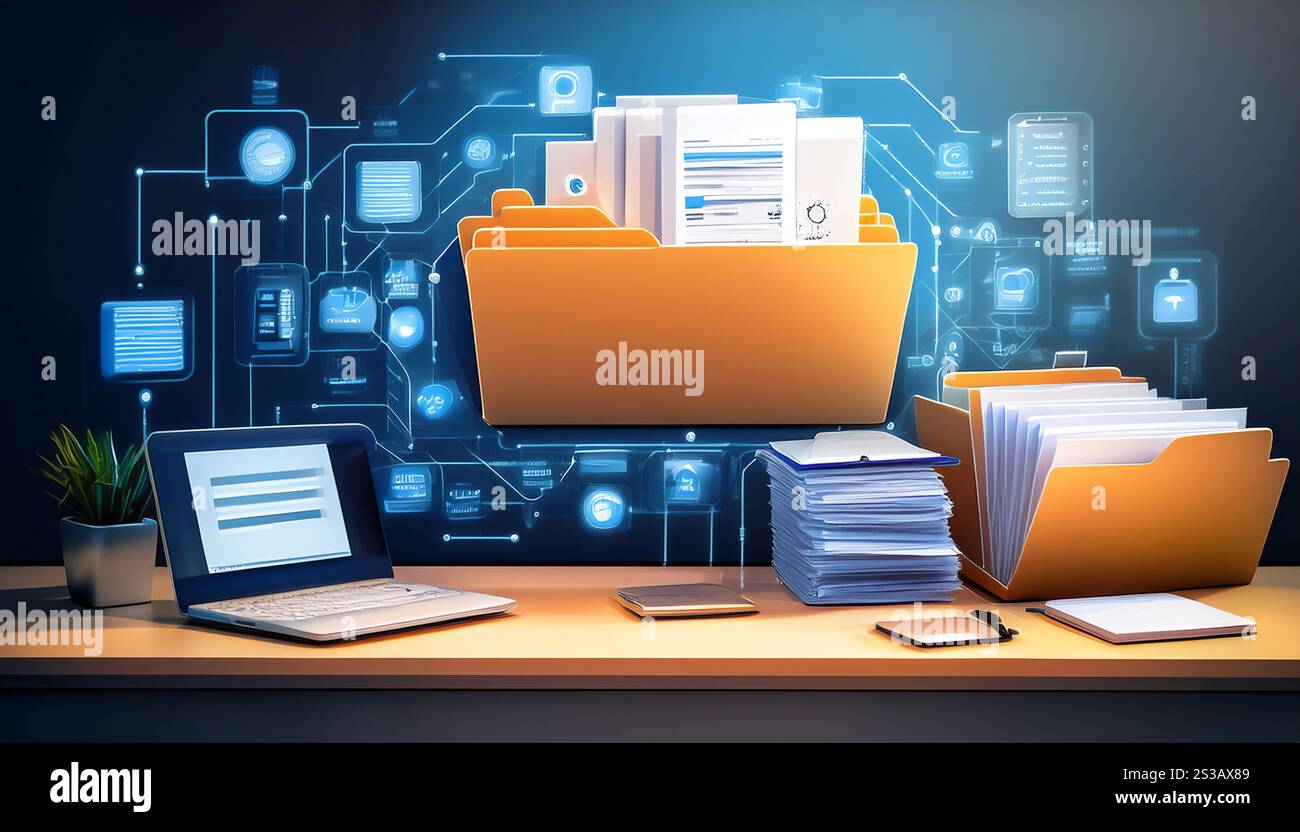 Abbildung zeigt die Führung von Aufzeichnungen und Datenverwaltung mit Symbolen wie einem Dateiordner, Dokumenten und einem Computer, der symbolisiert Stockfoto