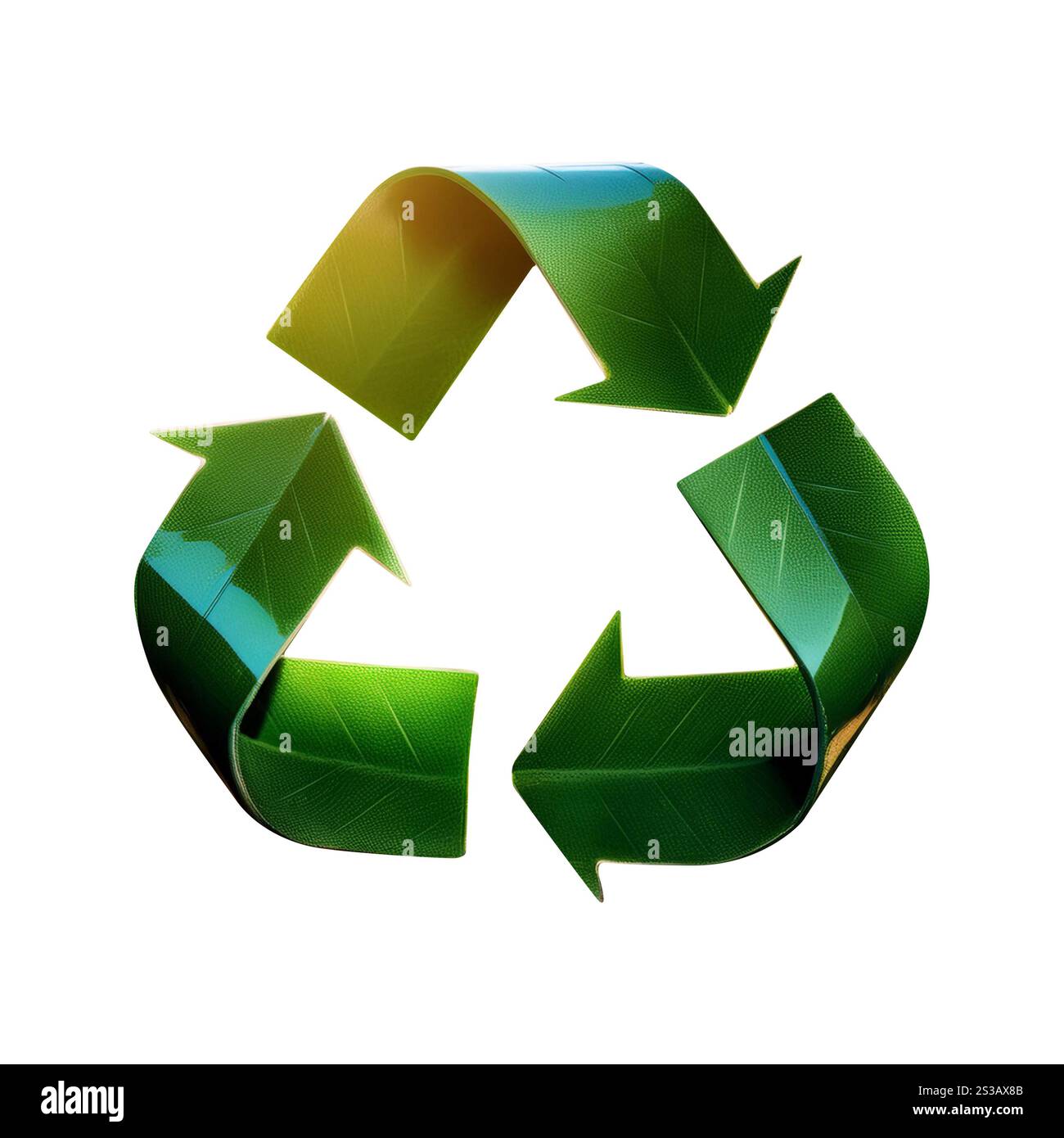 Nahaufnahme eines Recycling-Symbols, das den Umweltschutz, die Nachhaltigkeit und die Abfallwirtschaft hervorhebt. Recycling-Symbol, Hervorhebung Stockfoto