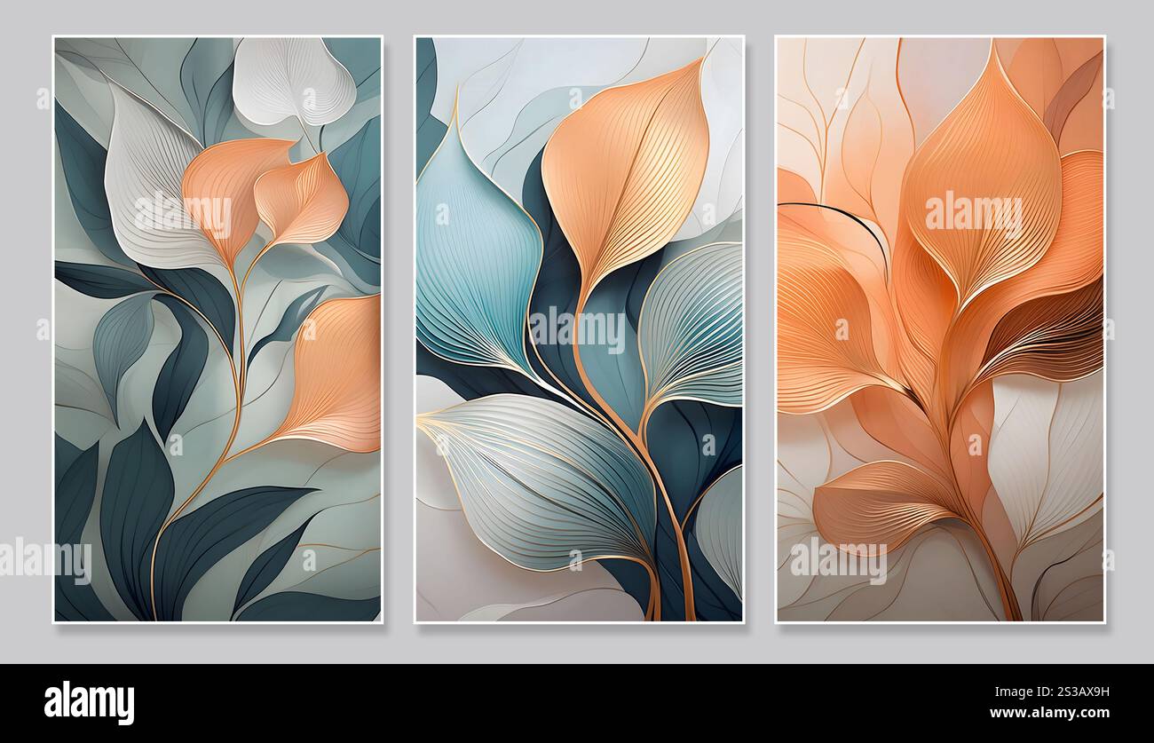 Das Bild zeigt drei abstrakte Blumengemälde. Jedes Gemälde zeigt eine einzelne große Blume mit mehrschichtigen Blütenblättern in verschiedenen Blau-, Braun-, Stockfoto