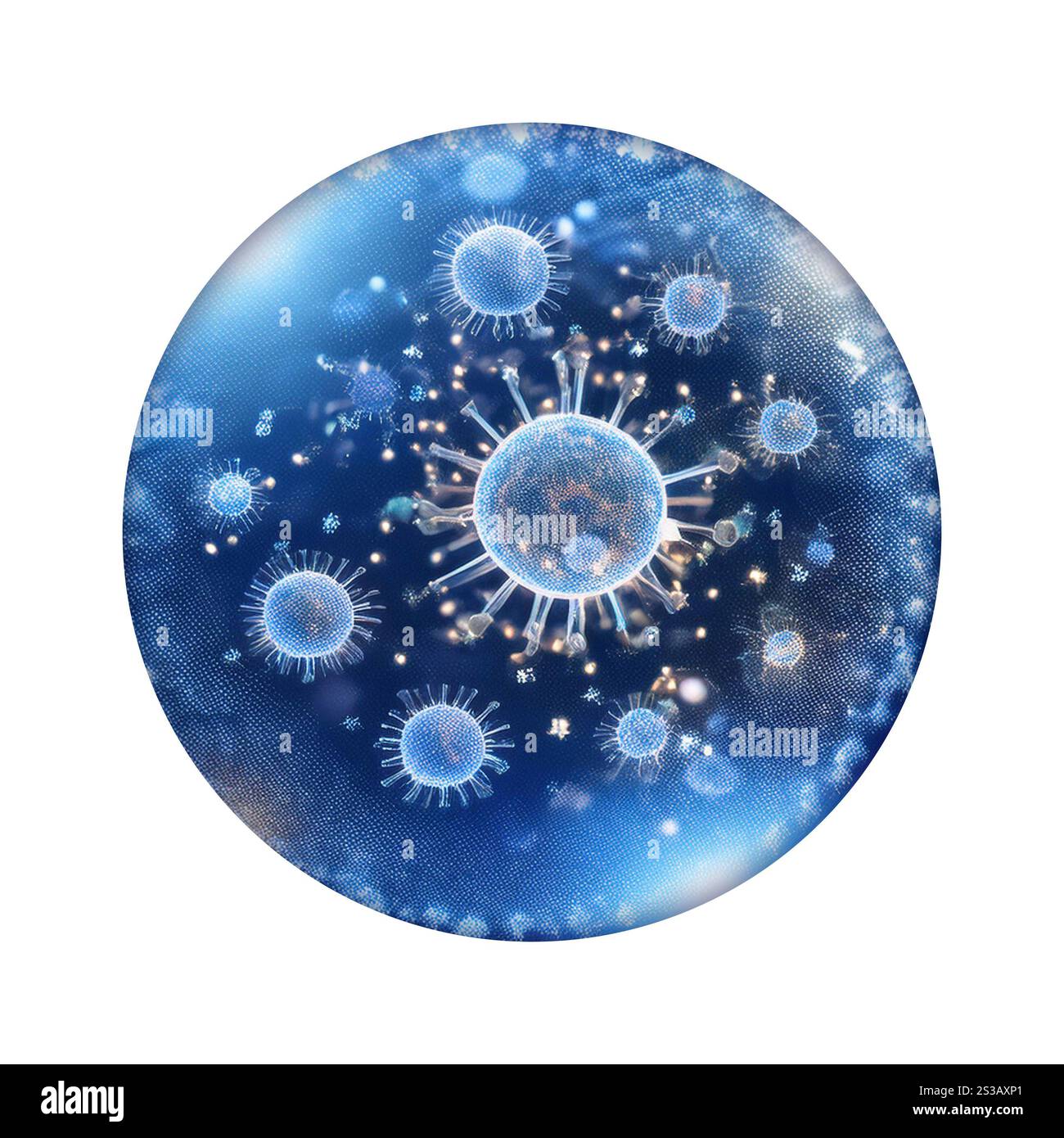 Eine Hand mit Handschuhen greift auf eine leuchtende Blase zu, die komplexe mikrobielle Strukturen enthält und die wissenschaftliche Forschung in der Mikrobiologie symbolisiert. Die Stockfoto