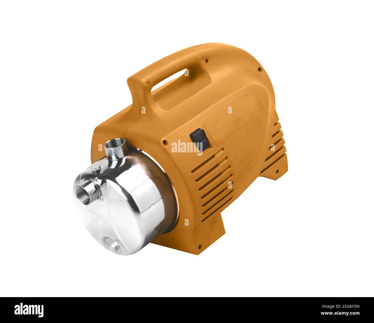 Pumpe mit einem Elektromotor der Farbe ruge isoliert auf weißem Hintergrund. Pumpe mit einem Elektromotor der Farbe ruge Stockfoto