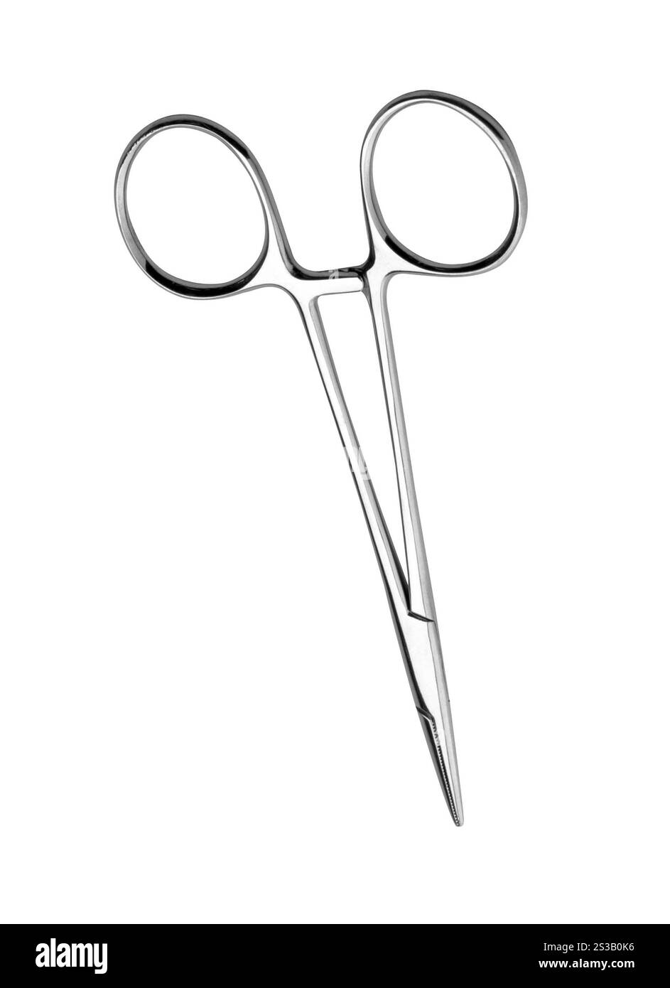 Nahaufnahme einer Schere auf weißem Hintergrund. Nahaufnahme einer Schere auf weißem Hintergrund Stockfoto