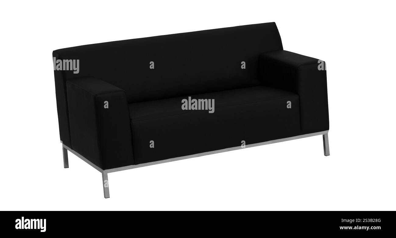 Modernes schwarzes Ledersofa isoliert vor weißem Hintergrund. Modernes schwarzes Ledersofa isoliert Stockfoto