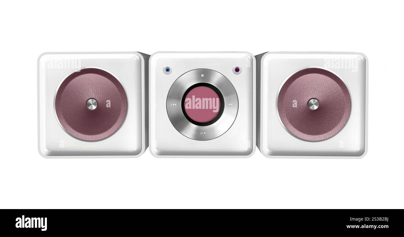 hifi-Player mit isolierten Lautsprechern auf weißem Hintergrund. hifi-Player mit isolierten Lautsprechern auf weiß Stockfoto