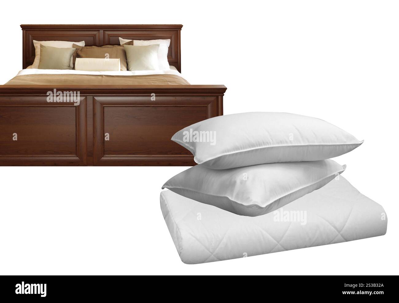 Weiße Kissen und Bett isoliert auf weißem Hintergrund. Weiße Kissen und Bett Stockfoto