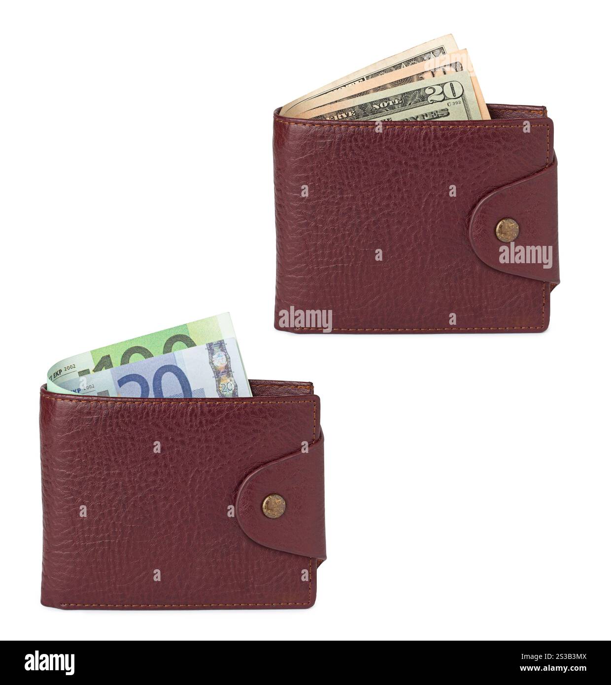 Euro und Dollar in Geldbörsen isoliert auf weißem Hintergrund. Euro und Dollar in Geldbörsen Stockfoto