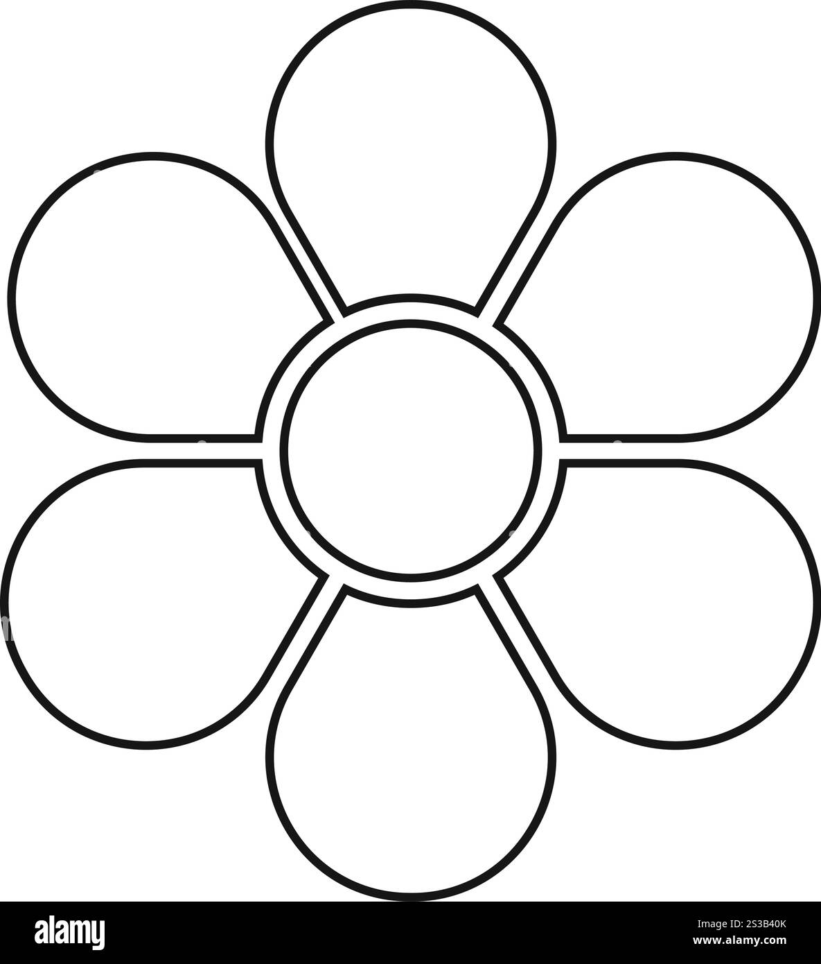 Blumendiagramm mit 6 Blütenblättern. Blumendiagramm unterteilt auf sechs gleiche Segmente in Blattformen, isoliert auf weißem Hintergrund. Vorlage für die Datendarstellung. Vektorkontur, Abbildung. Stock Vektor