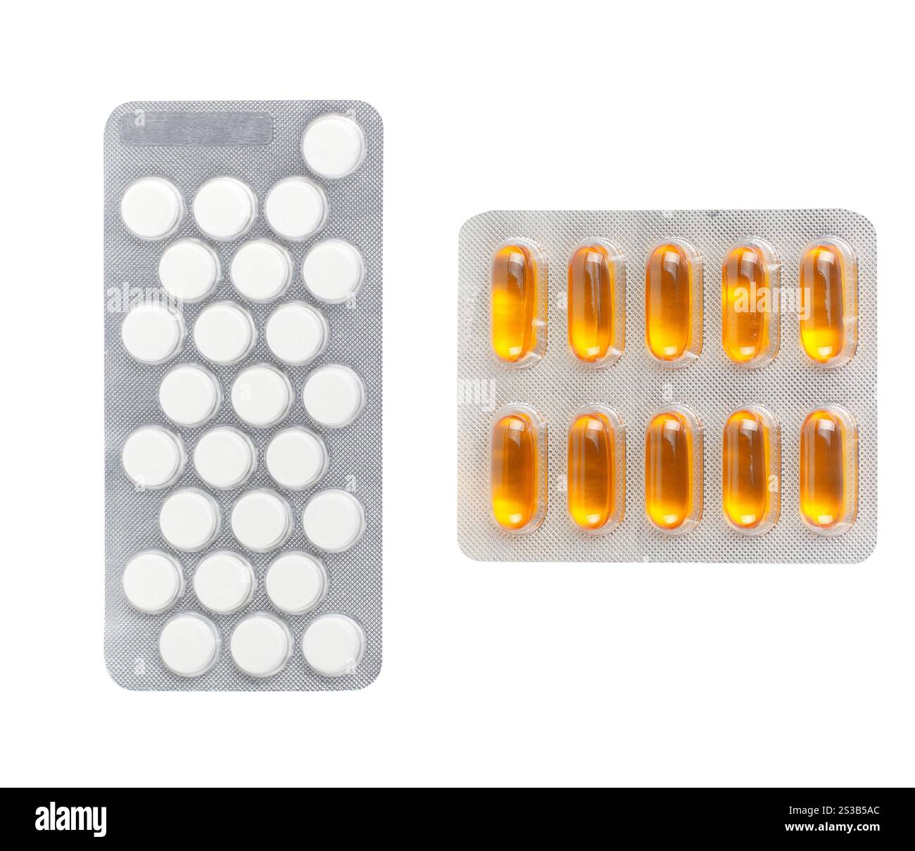 Packungen medizinischer Pillen isoliert auf weißem Hintergrund. Packungen von medizinischen Pillen Stockfoto