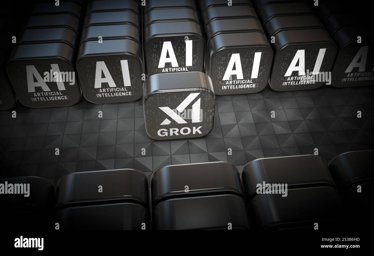 Grok Logo, 3D Visual Logo Design – X Corp Technologieunternehmen. Stockfoto