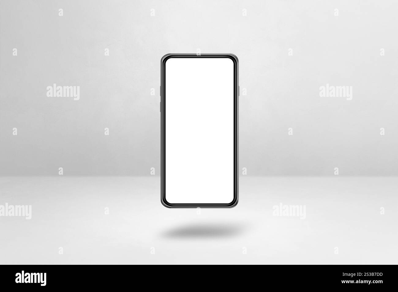 Leeres Smartphone schwebt über einem weißen Hintergrund. Isolierte 3D-Abbildung. Horizontale Vorlage. Schwimmendes Smartphone isoliert auf weiß. Horizontal Stockfoto