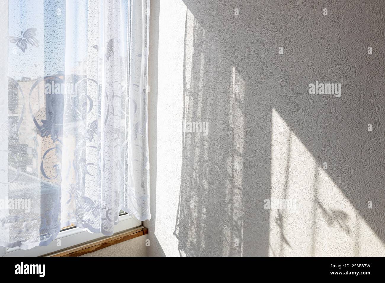 tüll-Vorhänge am Hausfenster und an der Wand, beleuchtet von der Morgensonne und Blick auf die städtischen Häuser im Hintergrund Stockfoto