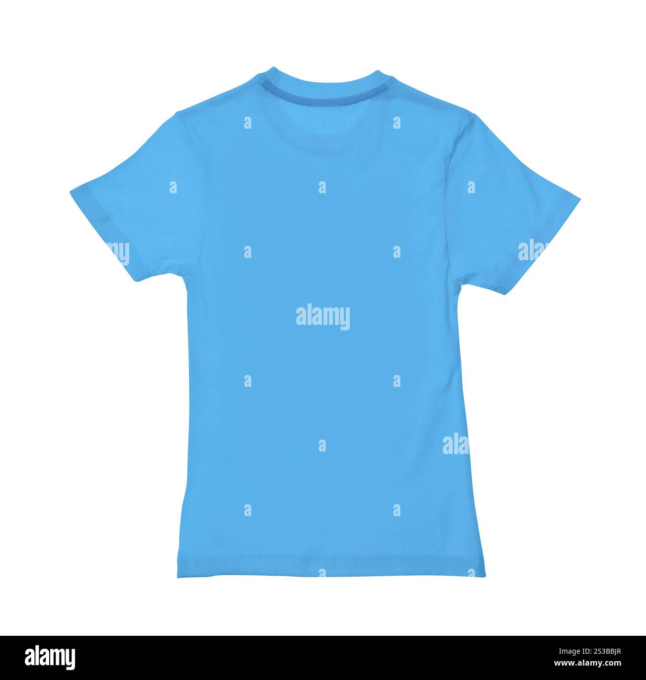 Leeres blaues Baumwoll-T-Shirt isoliert auf weißem Hintergrund. Leeres grünes Baumwoll-T-Shirt isoliert auf weißem Hintergrund Stockfoto