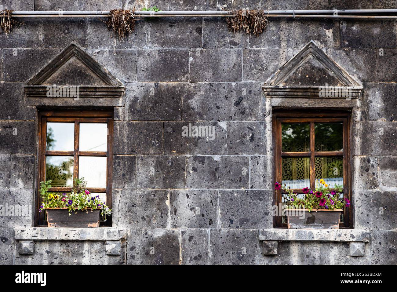 Zwei Fenster mit Blumen in einem alten Wohnhaus aus schwarzem Tuffstein in Gyumri Stadt, Armenien im Sommer Stockfoto