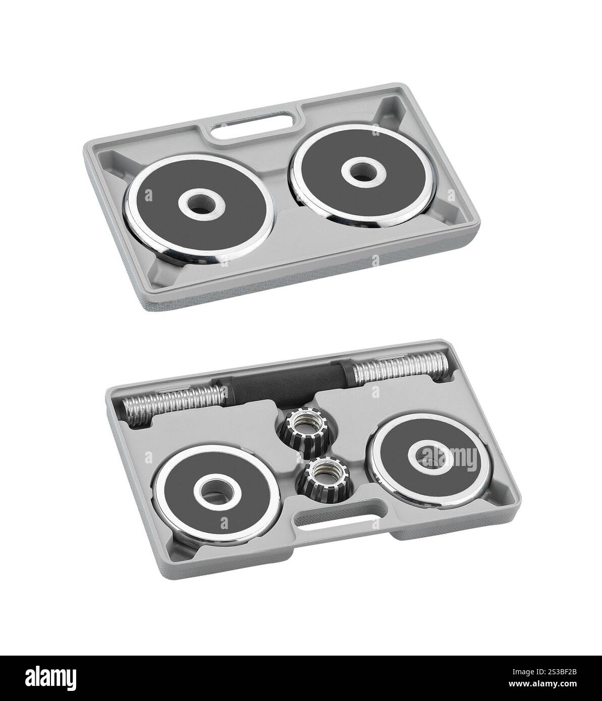 Kurzhanteln in einem grauen Gehäuse, isoliert auf weiß. Kurzhanteln in einem grauen Gehäuse Stockfoto