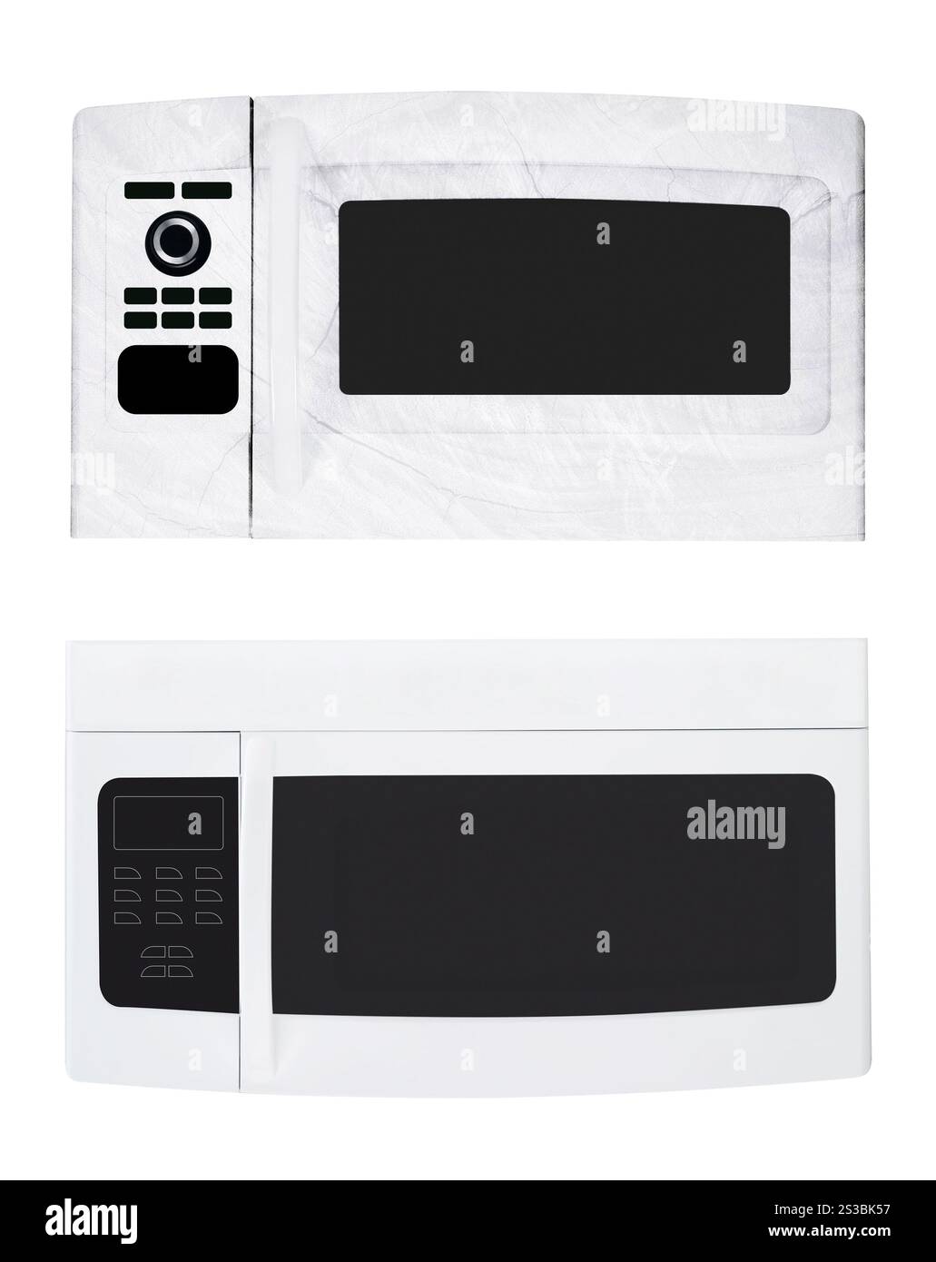 Weiße Mikrowellenherde auf weiß. Weißer Mikrowellenherd auf weiß Stockfoto