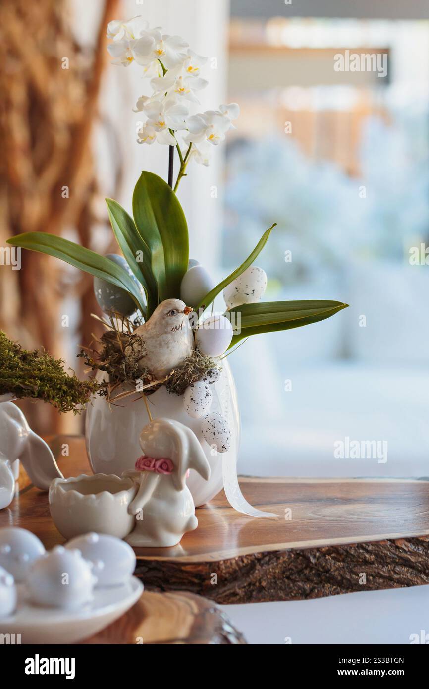 Elegantes Arrangement mit Blumenmuster für Ostervögel und Orchideen Stockfoto