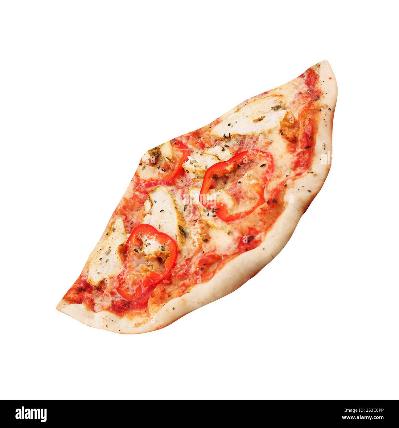 Ein Stück frische Pizza, isoliert auf weißem Hintergrund. Eine Scheibe frische Pizza Stockfoto