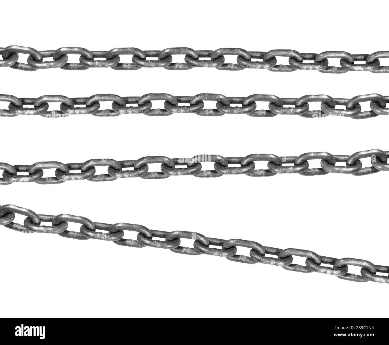 Vernetzte flexible Serie von Metallgliedern aus der Nähe. Verbundene flexible Serie von Metallgliedern Stockfoto