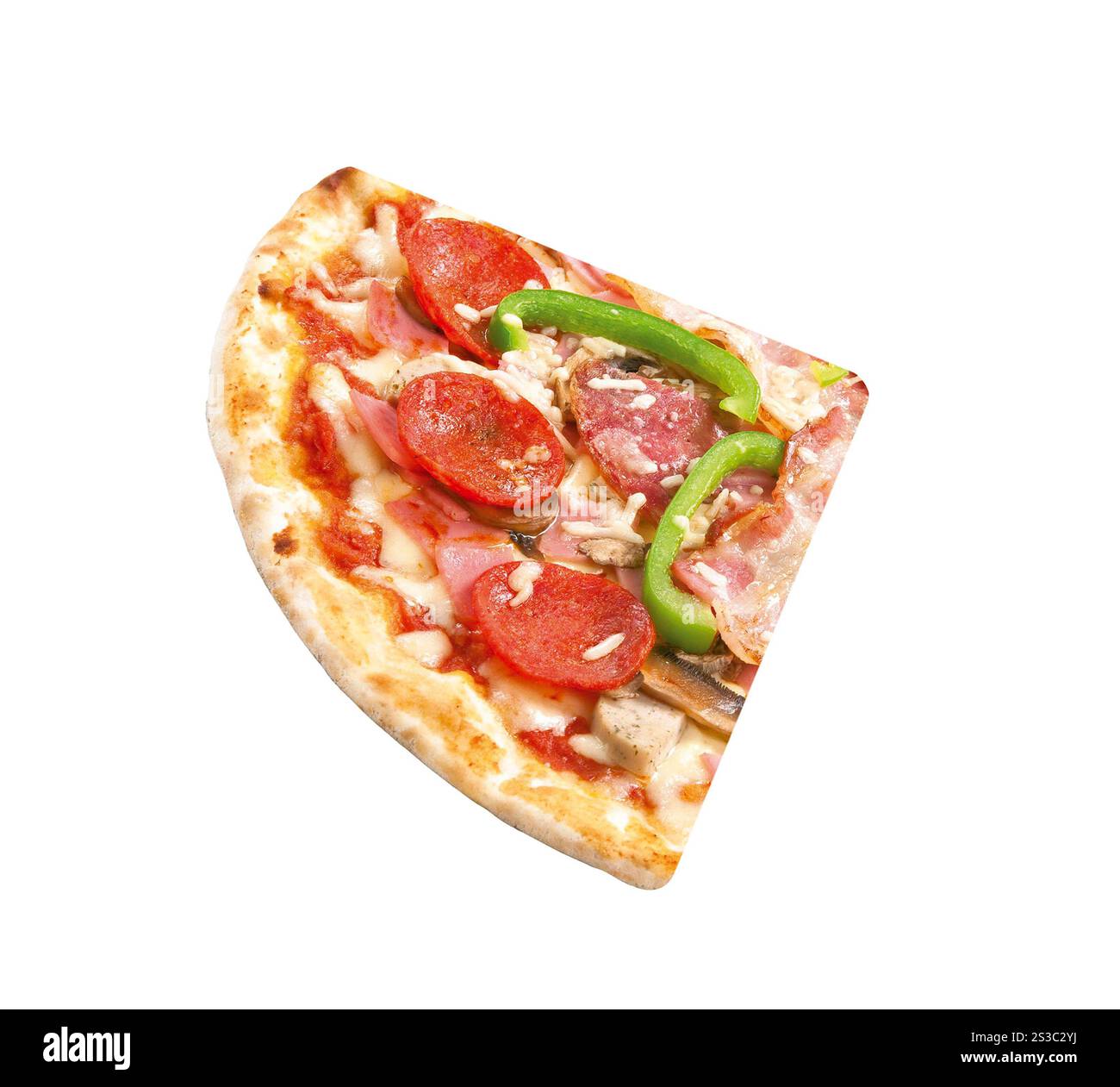 Schneiden Sie Stück Pizza isoliert auf weißem Hintergrund Stockfoto