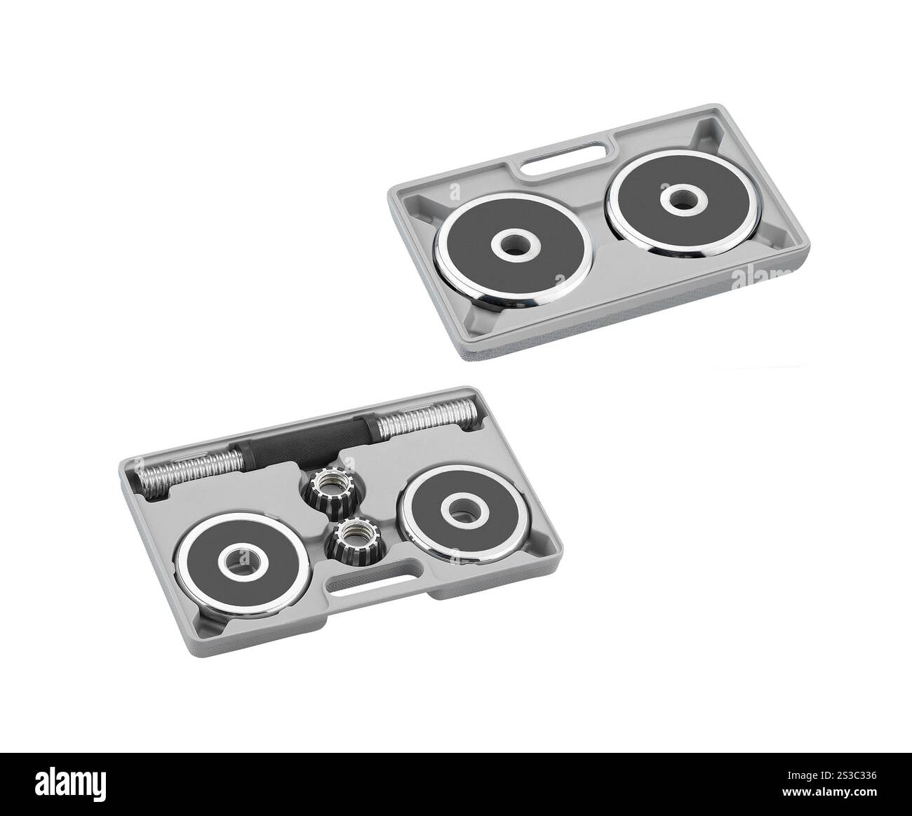 Kurzhanteln in einem grauen Gehäuse, isoliert auf weiß Stockfoto