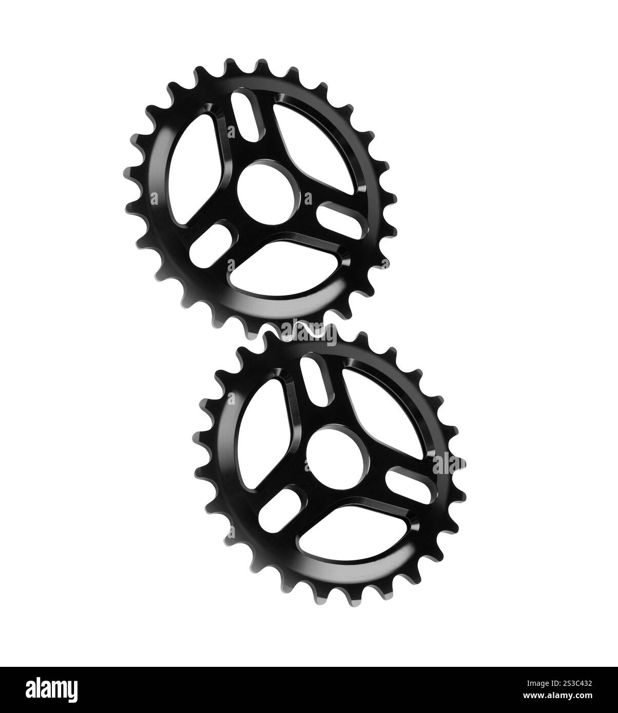 Fahrradgetriebe, Zahnräder aus Metall isoliert auf weiß Stockfoto