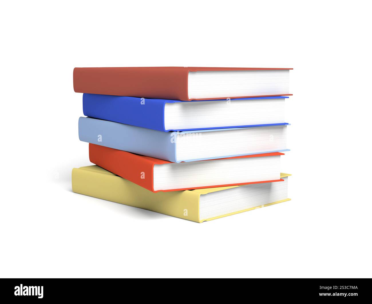 Bücher isoliert auf weißem Hintergrund. Stapel. Bunte Cover. Leer. 3D-Abbildung. Stockfoto