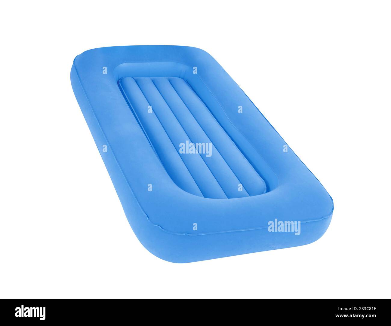 Blaue Luftmatratze isoliert auf weiß. Lila Luftmatratze isoliert auf weiß Stockfoto