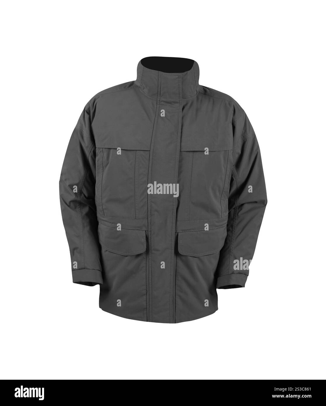 Schwarze Jacke isoliert auf weiß. Grüne Jacke isoliert auf weiß Stockfoto