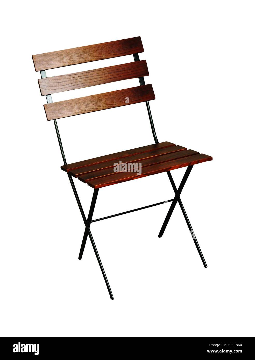 Klassischer französischer Klappstuhl im Freien mit schwarzem Metallgestell Stockfoto