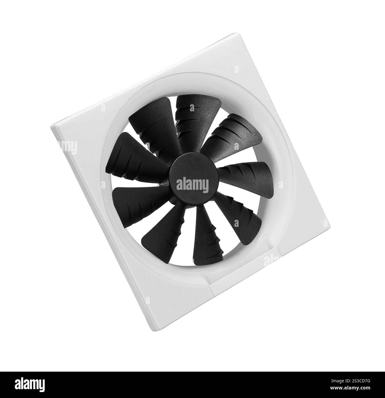 Nahaufnahme des Computer-CPU-Kühlers auf weißem Hintergrund. Nahaufnahme des isolierten CPU-Kühlers des Computers Stockfoto