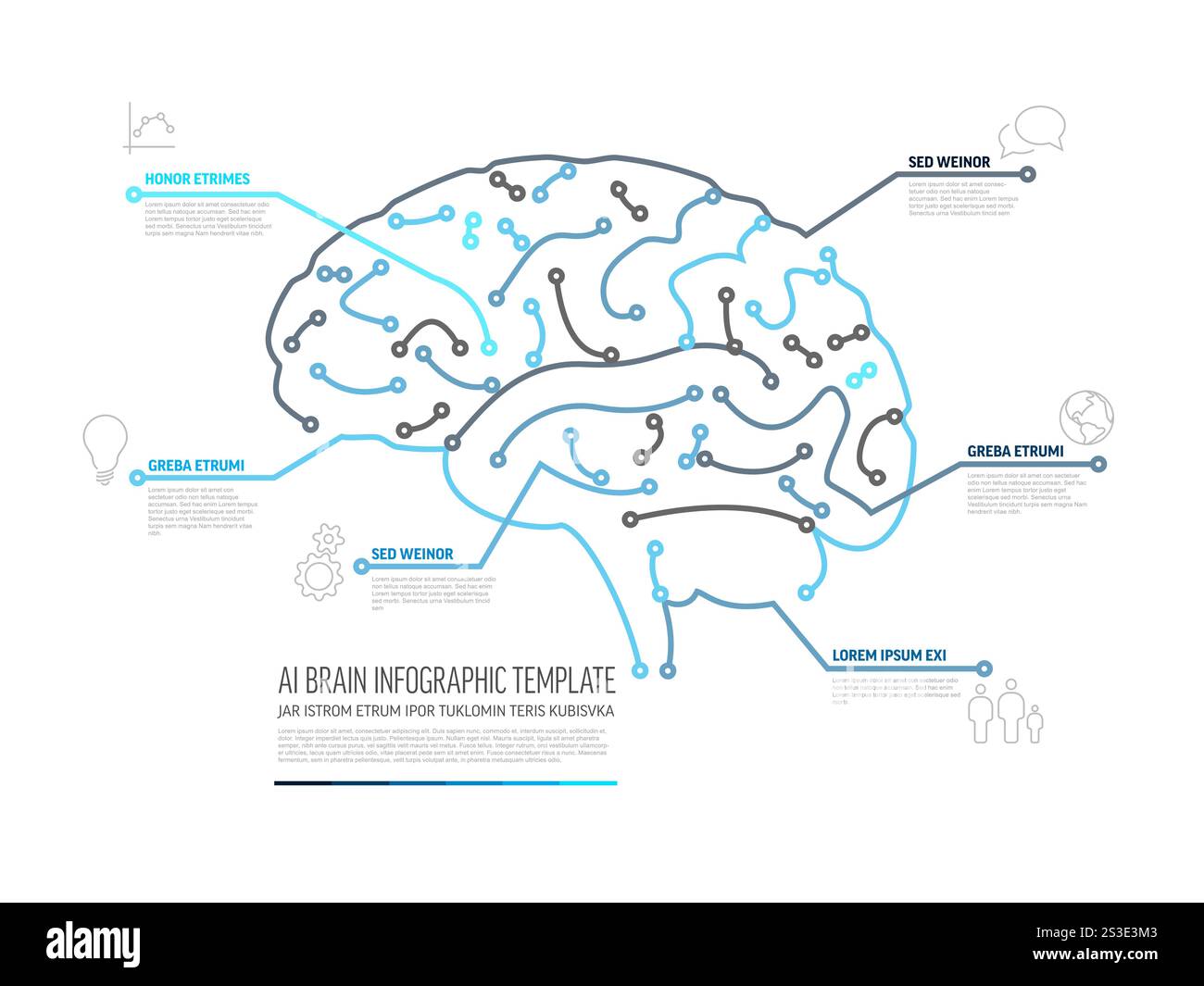 Diese Infografik-Vorlage für KI-Gehirn veranschaulicht komplexe neuronale Netzwerke mit Datenpunkten. Das Design des Gehirns wird durch Labels ergänzt, die die KI c zeigen Stock Vektor