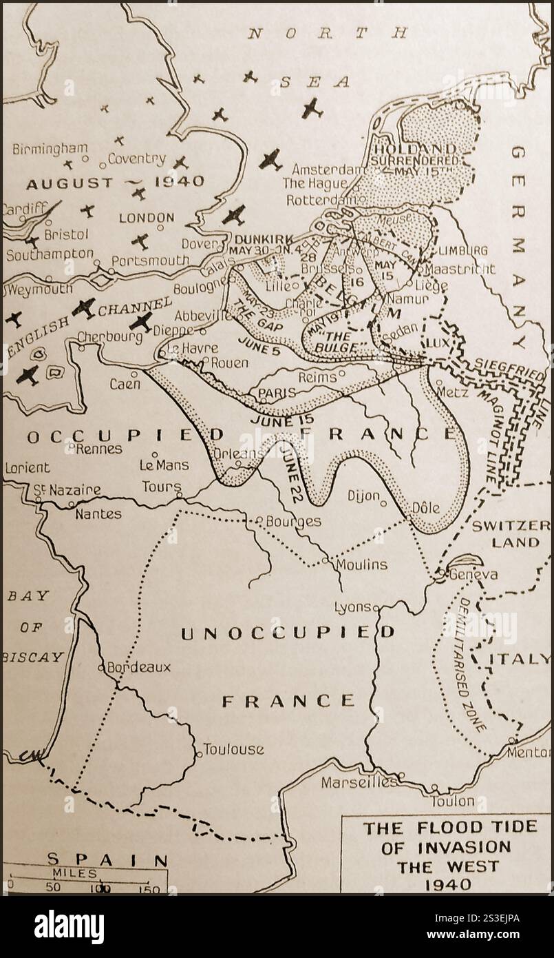 Eine Kriegskarte, die Invasionen und Angriffe während des Zweiten Weltkriegs zeigt, 1940. - 2. WELTKRIEG, 1940. - Une carte du temps de guerre montrant les Invasions et les attaques Anhänger la Seconde Guerre mondiale, 1940. - Stockfoto
