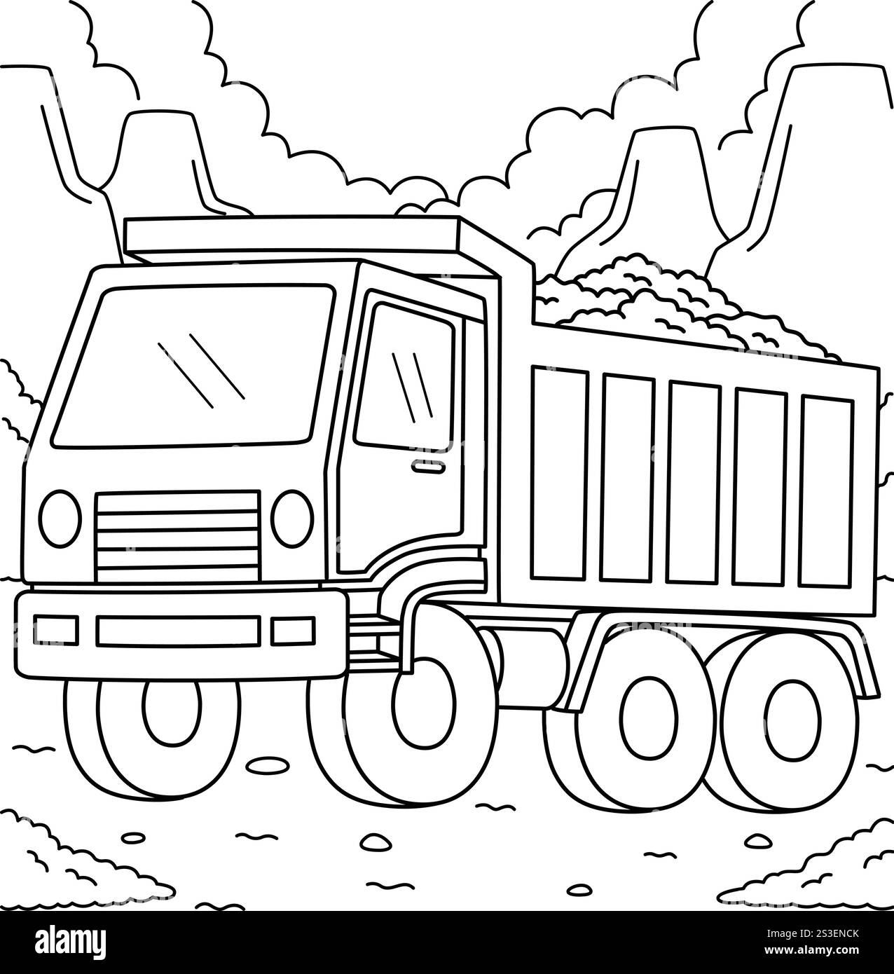 Ausmalseite für den Bau-Kipplaster für Kinder Stock Vektor
