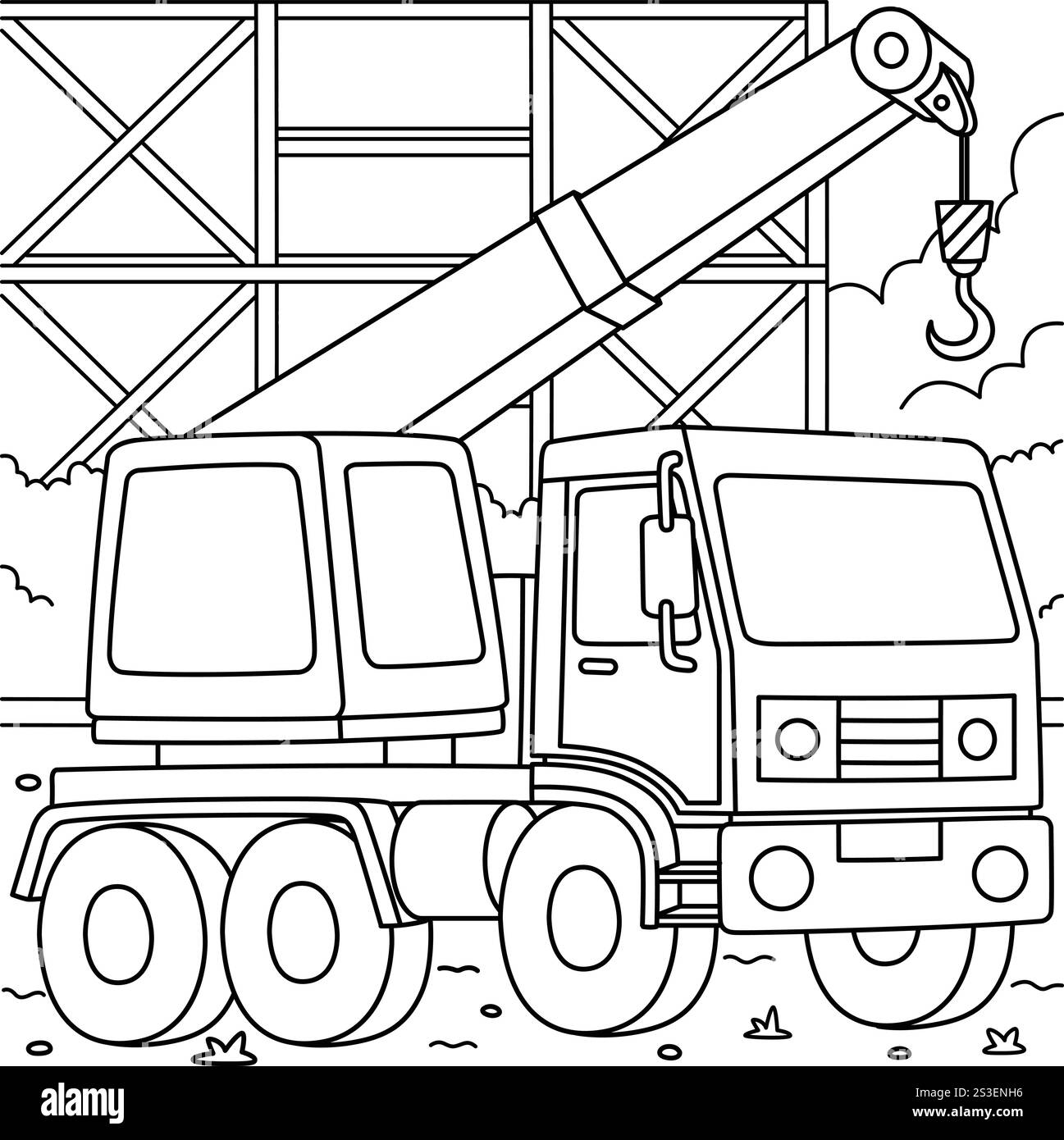 Ausmalseite für Baukran Truck für Kinder Stock Vektor