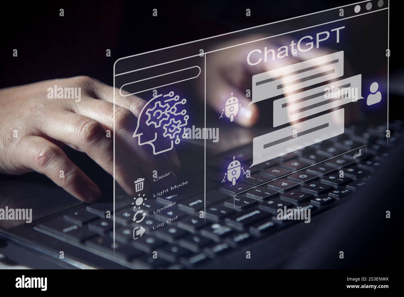 ChatGPT Chatten Sie mit KI oder künstlicher Intelligenz Unternehmer mit einem Laptop und einer intelligenten künstlichen Intelligenz a Stockfoto
