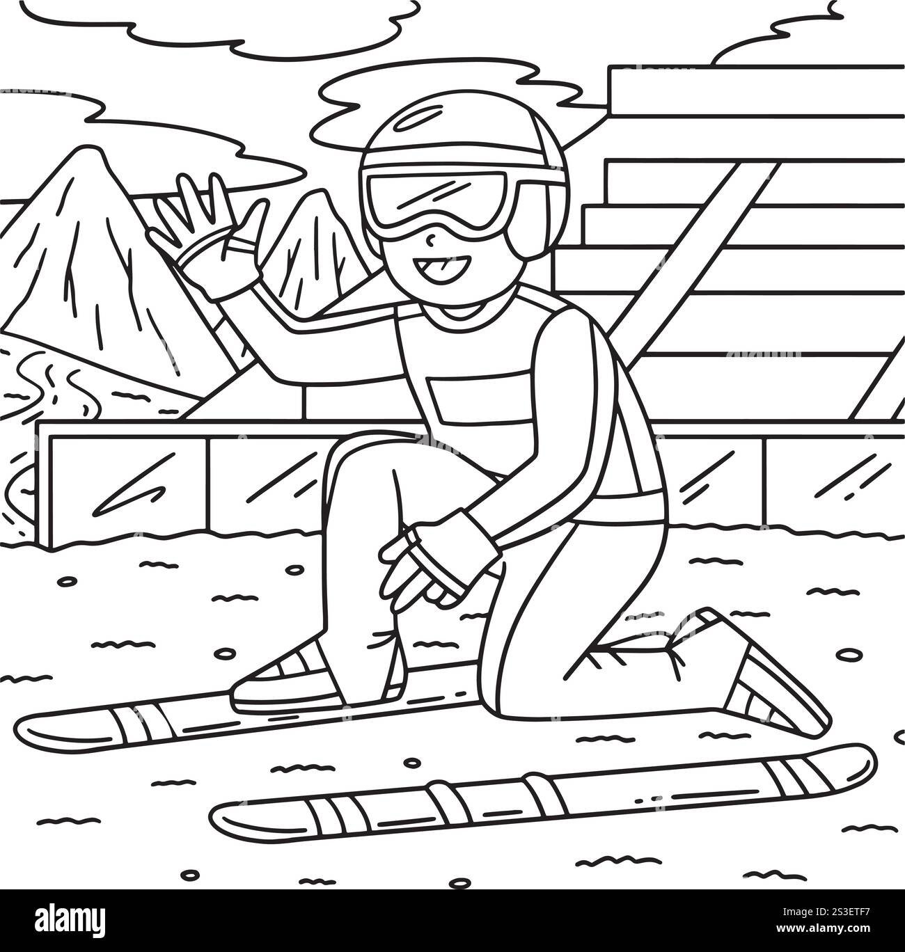 Ausmalseite für Skispringer zum Befestigen von Skibrettern für Herren Stock Vektor