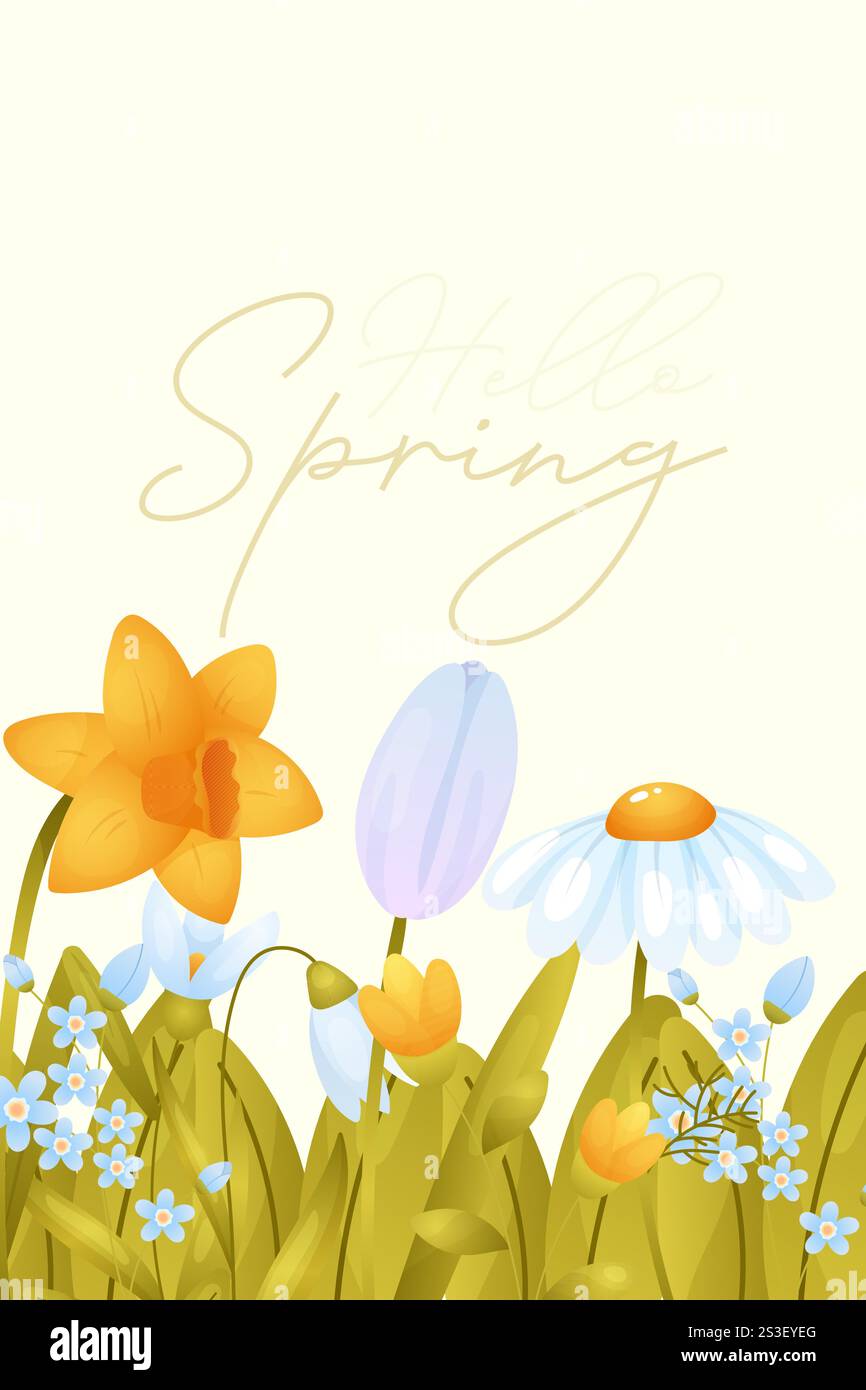 Farbenfrohe Frühlingsblumen blühen in fröhlichem Design und feiern die Ankunft des Frühlings mit lebhaften Farbtönen, Hallo Frühling Stock Vektor
