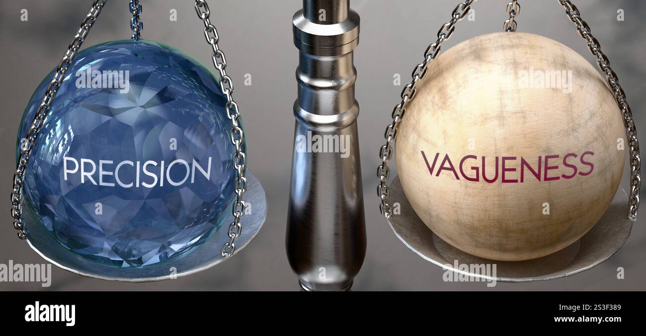 Präzision oder Ungenauigkeit – Wägen Sie zwei Optionen, verfügbare Optionen. Auswahl zwischen Präzision und Ungenauigkeit. Zwei verschiedene Handlungsweisen. Stockfoto