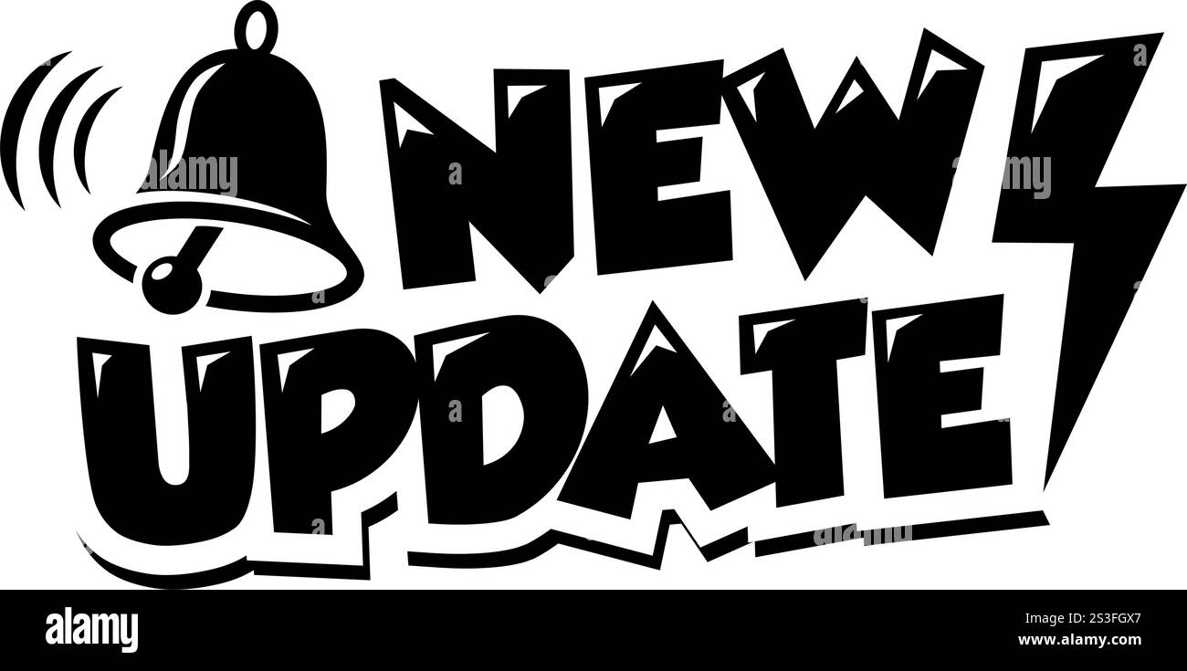 Neues Upgrade-Etikett mit Design-Konzept zur Erinnerung an die Glocke. Geschäfts- und Kundenservice, Online-Shop, Hilfe, neues Angebot, Ankündigung, Kunde Stock Vektor
