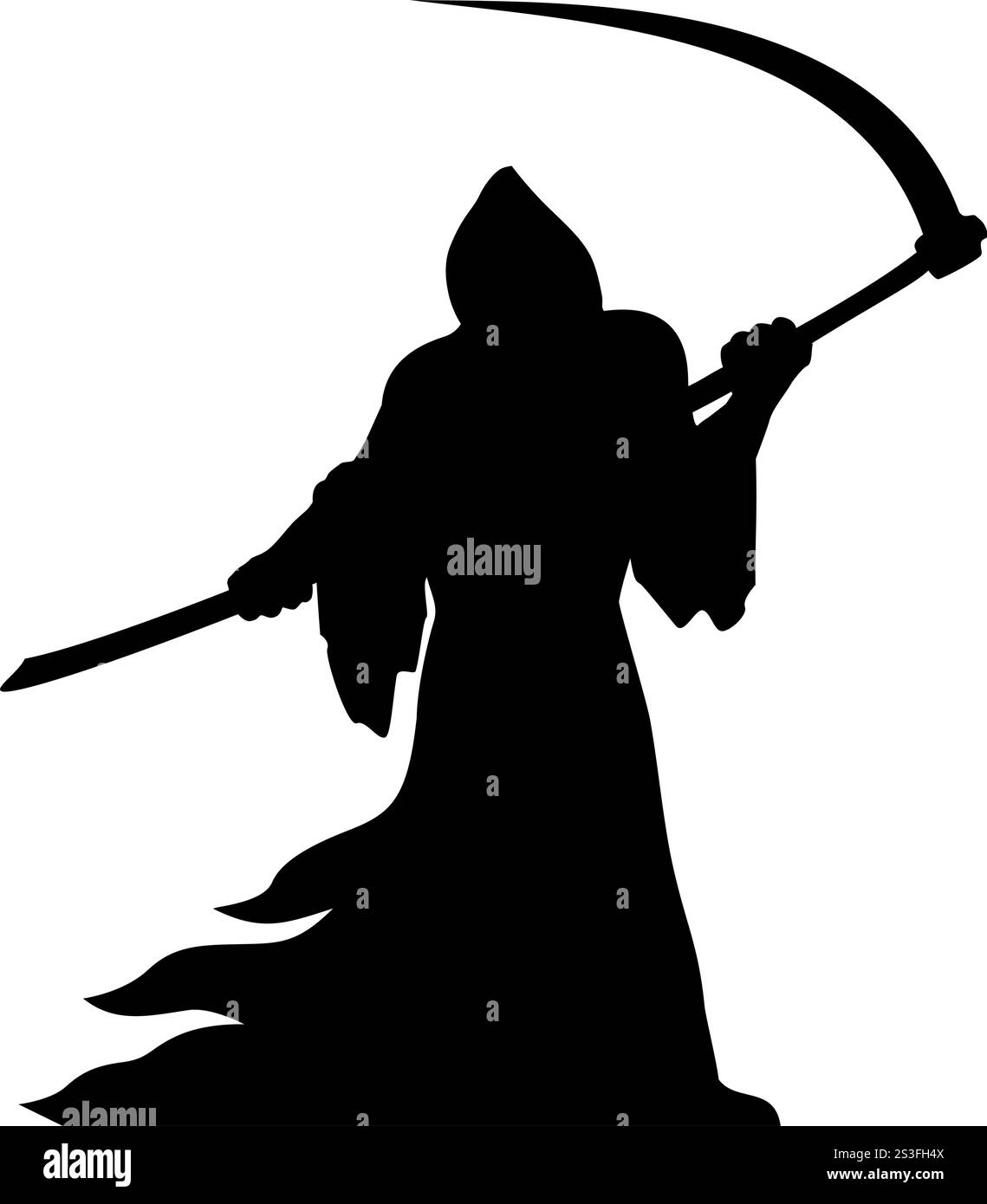 Graue Sensenmann-Silhouette, die in Schwarz gekleidet ist und eine große Sense geschwungen hat. Vektorsymbol auf transparentem Hintergrund Stock Vektor