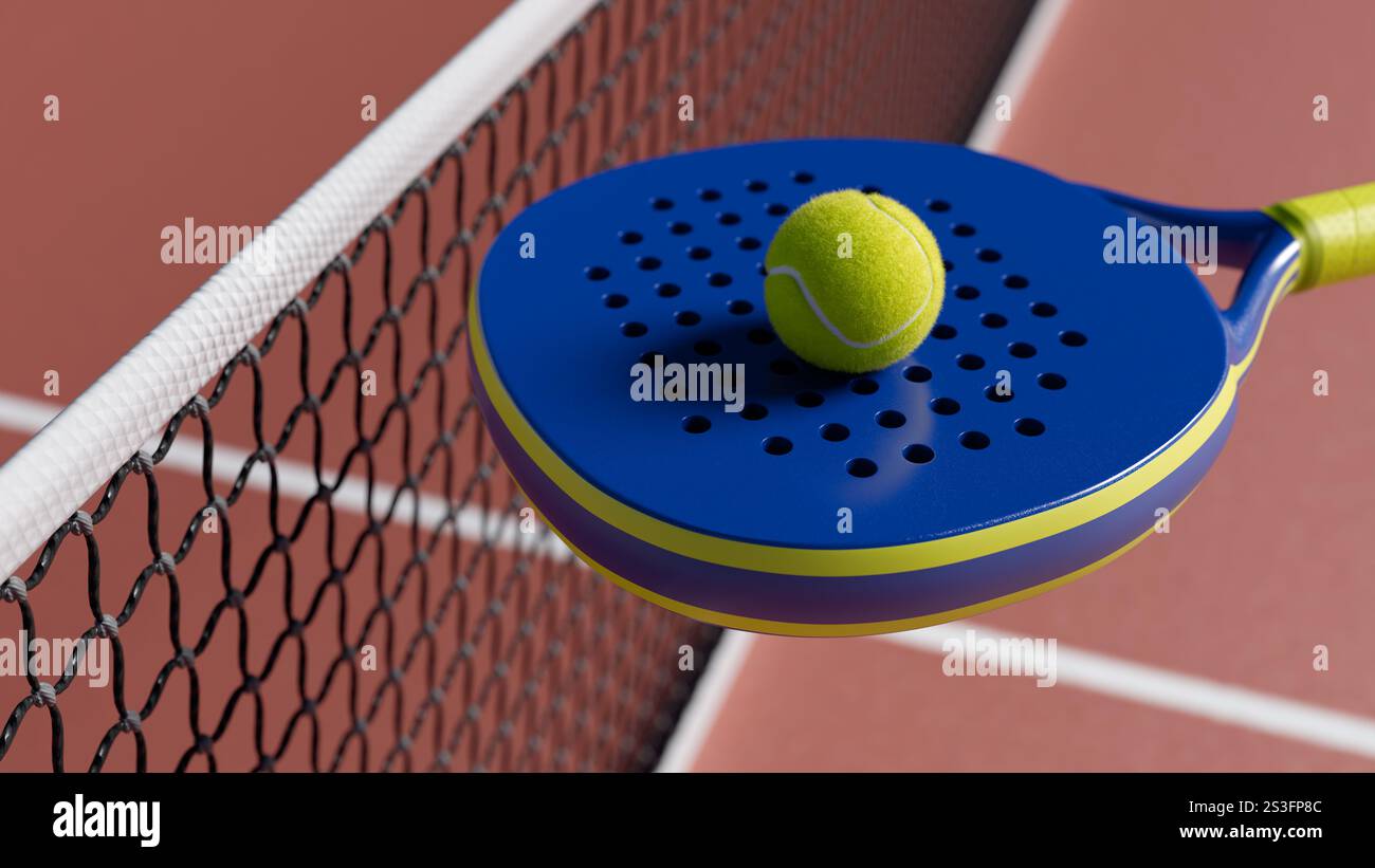 Schläger und Ball Nahaufnahme - ideal für Paddletennis. 3D-Rendering Stockfoto