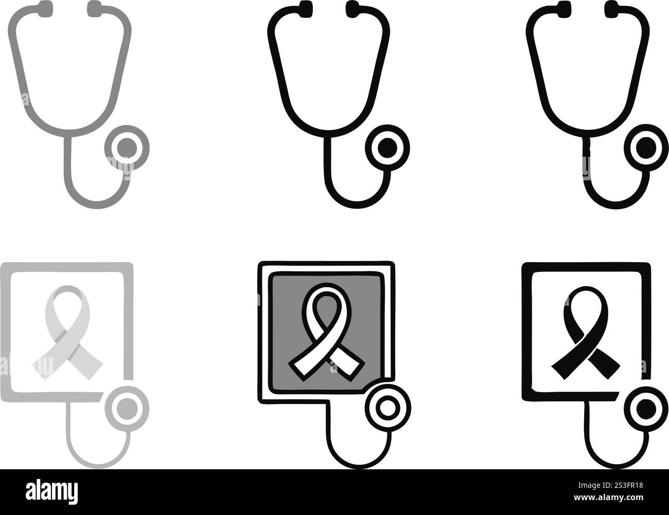 Cancer Awareness Icons mit Stethoskopen und Bändern in minimalistischer Linienkunst für das Gesundheitswesen, World Cancer Day Line Art Icon Set Stock Vektor