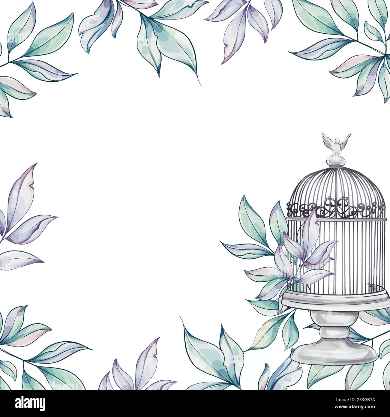 Das zarte Aquarelldesign zeigt einen bezaubernden Vogelkäfig, der zwischen üppigen Blättern eingebettet ist und eine bezaubernde, ruhige Atmosphäre mit Hintergrund schafft Stock Vektor