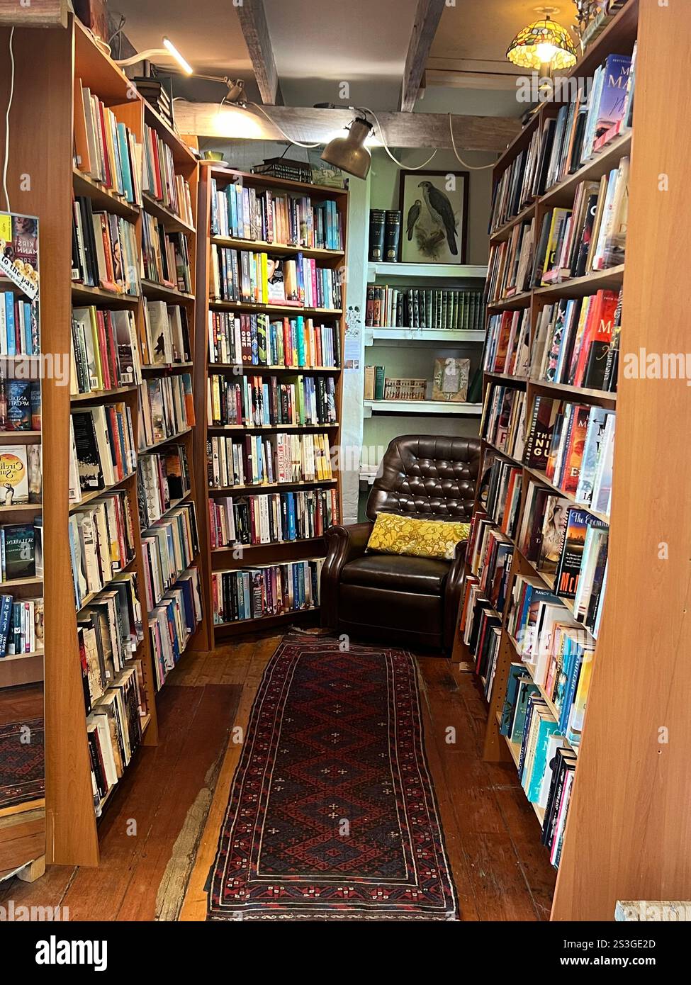 Maßgeschneiderter Buchladen-Bereich mit Regalen voller Bücher - Smartphone-aufgenommenes Stockfoto