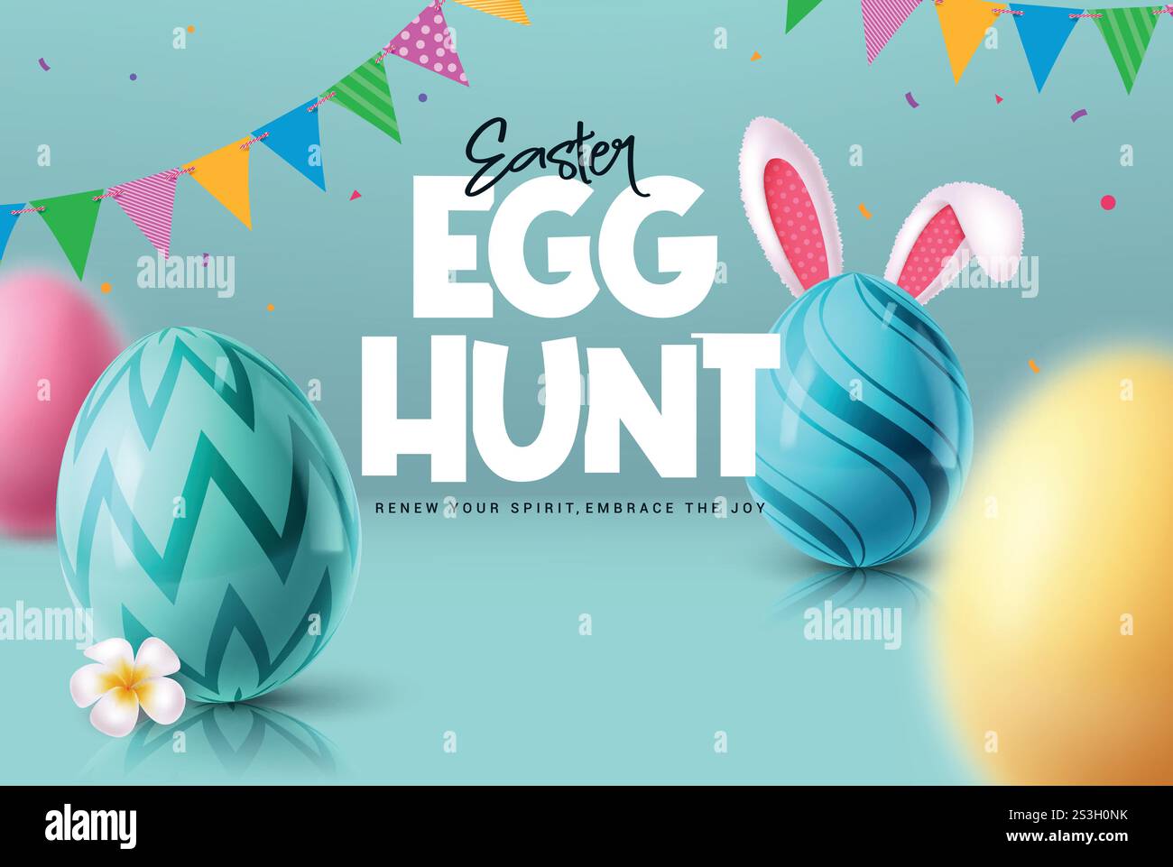 Clipart-Poster-Design für die Ostereierjagd. Happy easter Wishes Clipart in festlichem blauem Hintergrund mit bedruckten Eiern für die traditionelle Eierjagd Stock Vektor