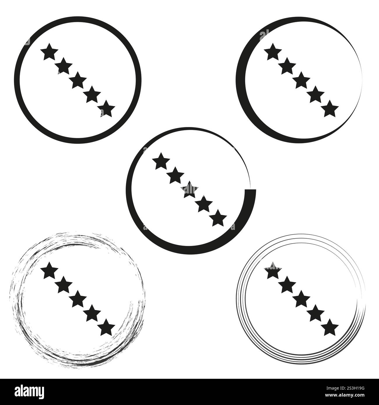 Symbole für die Sternebewertung. Fünf schwarze Sterne. Kreisförmige Vektorsymbole. Dekorative Sternformen. Stock Vektor