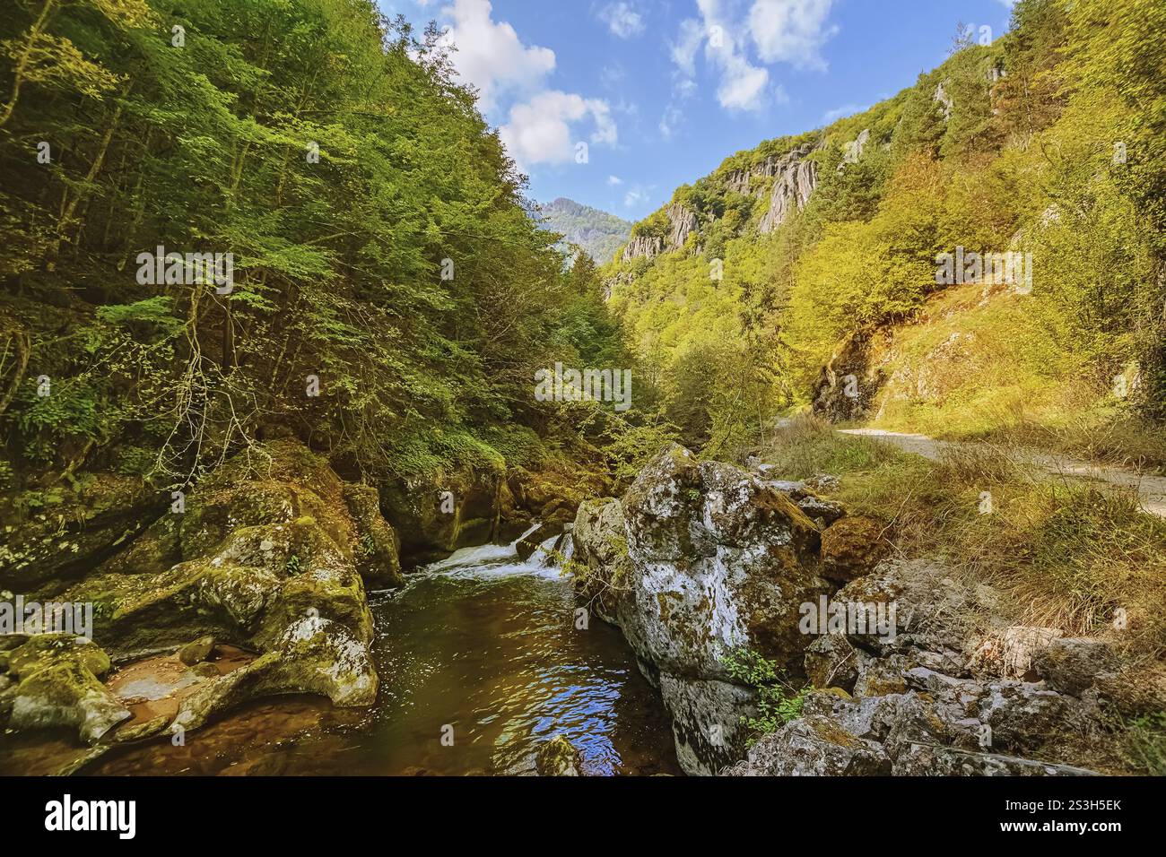 Das Tal des Flusses Devin im westlichen Rhodopes Struilitsa, Bulgarien, Europa Stockfoto