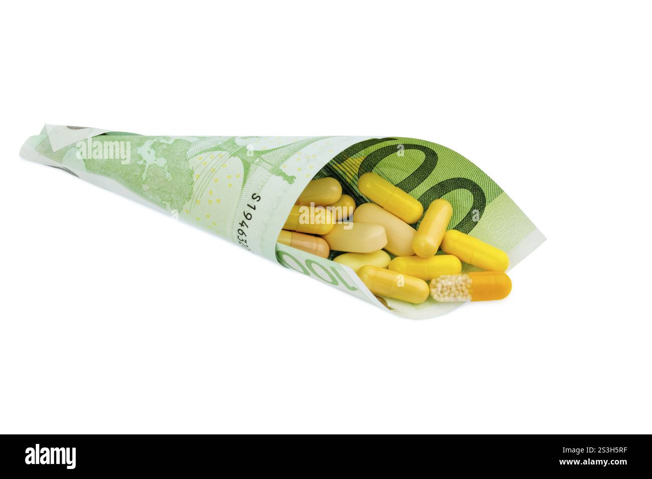 Tablets und 100-Euro-Banknoten symbolisches Foto: Kosten für Medizin und Medikamente der Pharmaindustrie Österreich Stockfoto