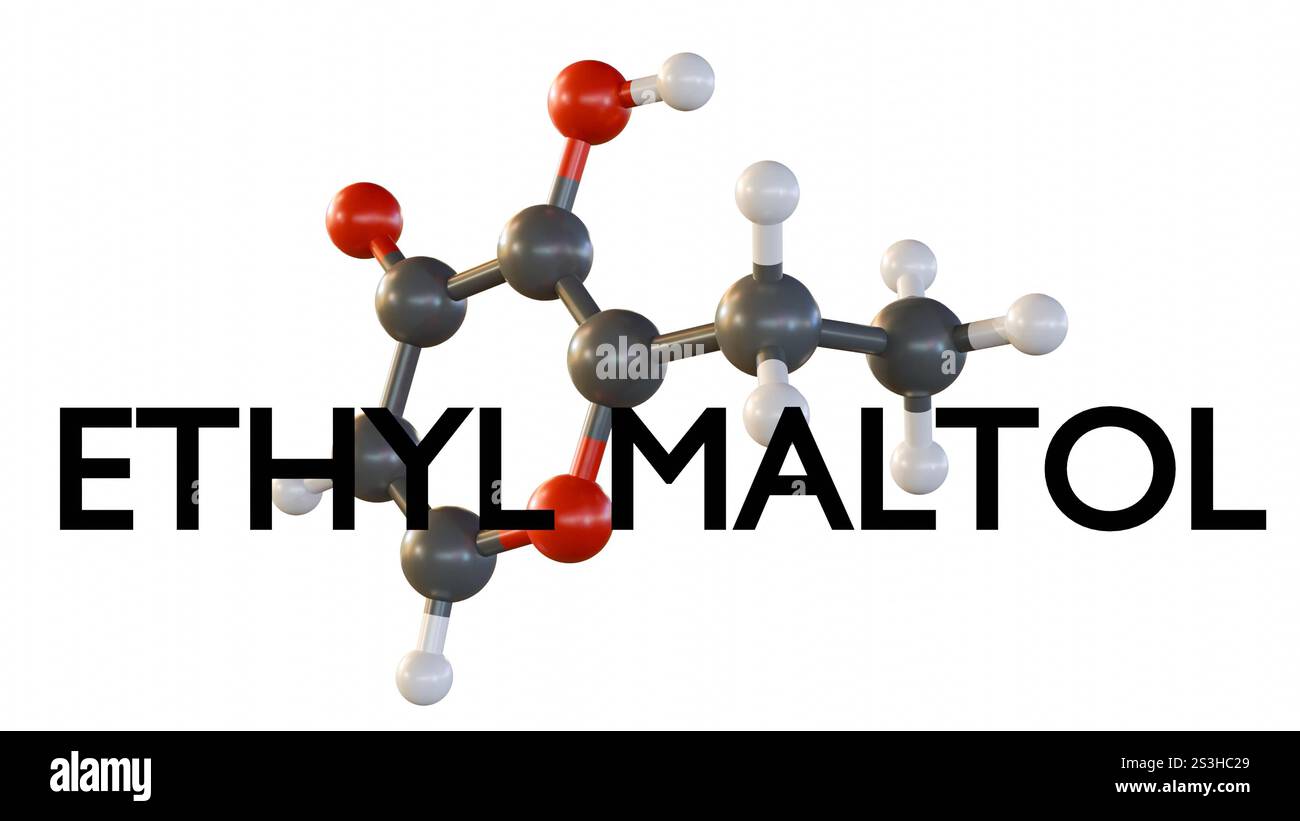 3D-Darstellung des Wortes „Ethylmaltol“ und seiner Struktur; es handelt sich um eine synthetische organische Verbindung, die in Lebensmitteln und Duftstoffen verwendet wird Stockfoto